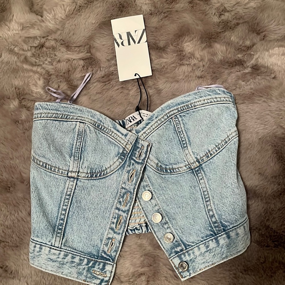 Zara blue denim corset strapless top extra small new without tags